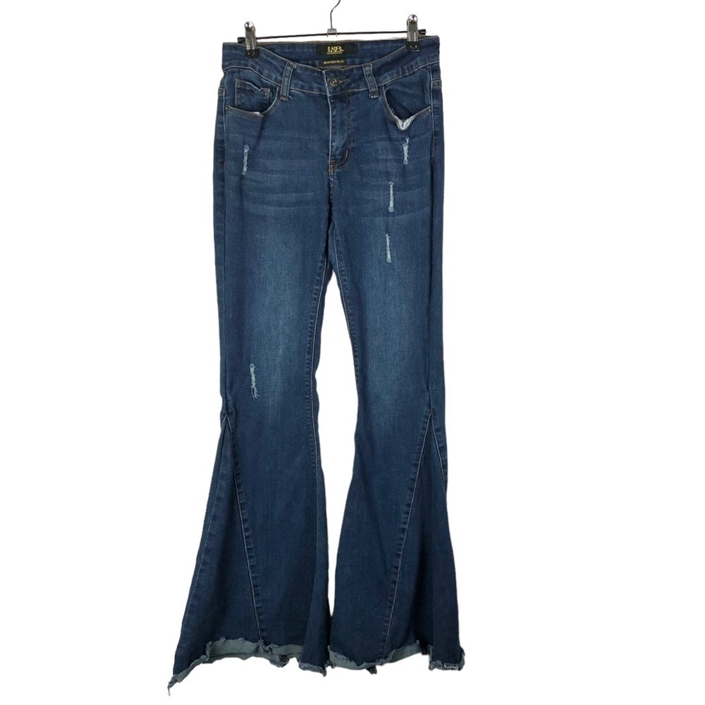 Boutique L&B Lucky & Blessed Dark‎ Wash High Rise Flare Distressed Jeans 4